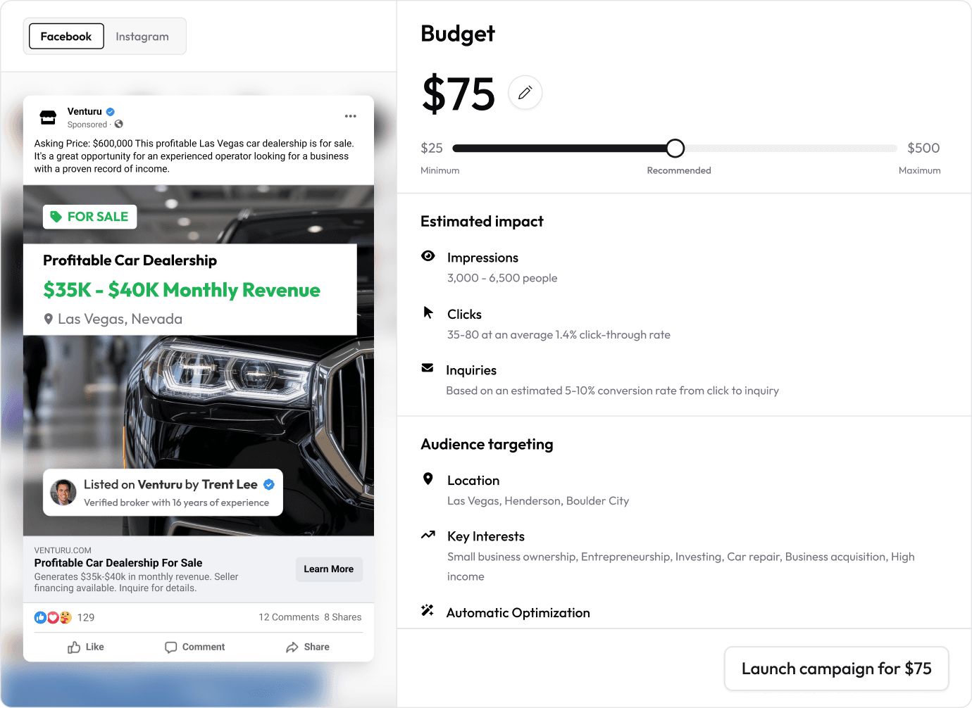 One-Click Marketing campaign preview showing budget slider and ad preview