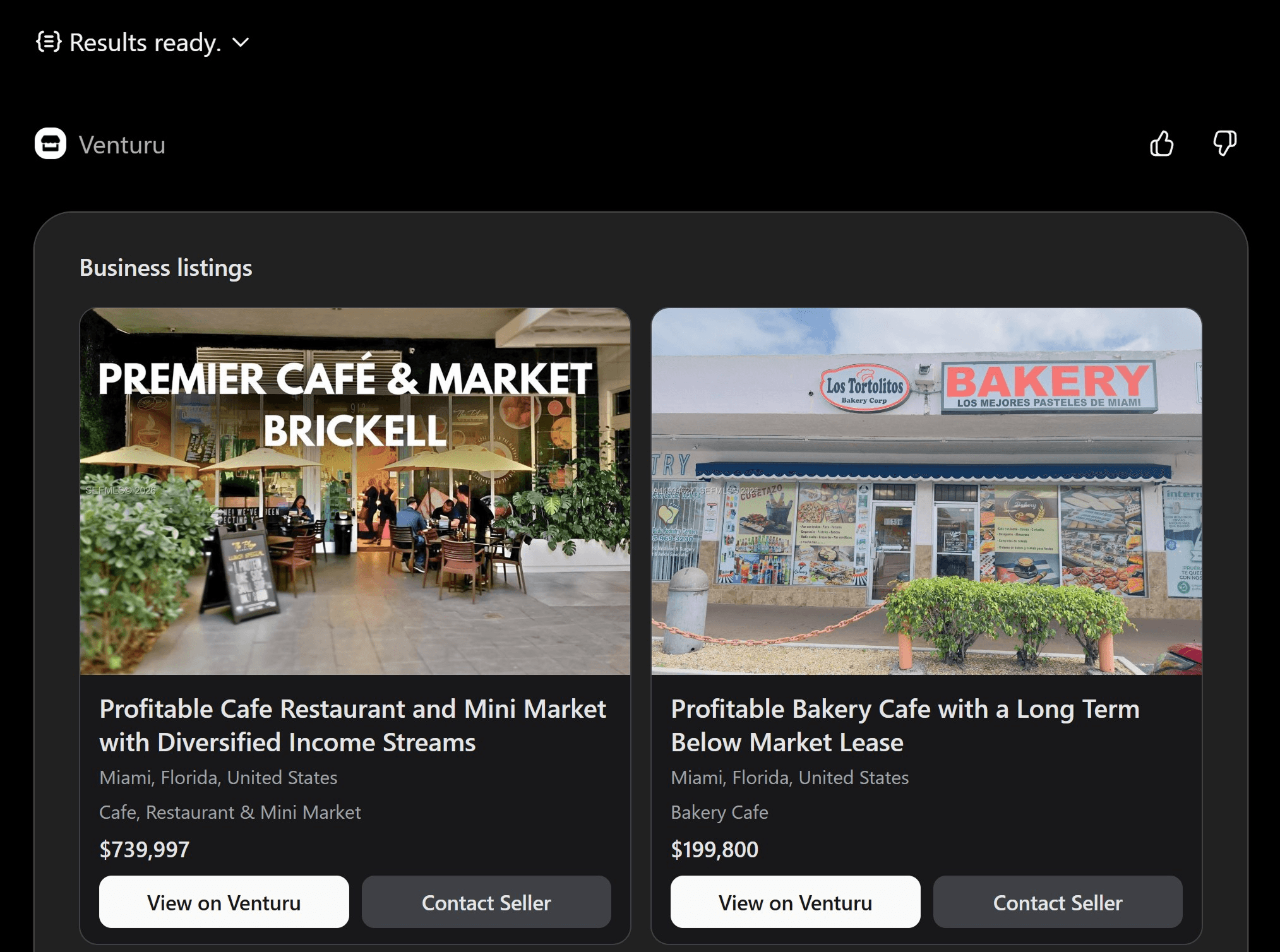 ChatGPT chat showing Venturu business search results inline