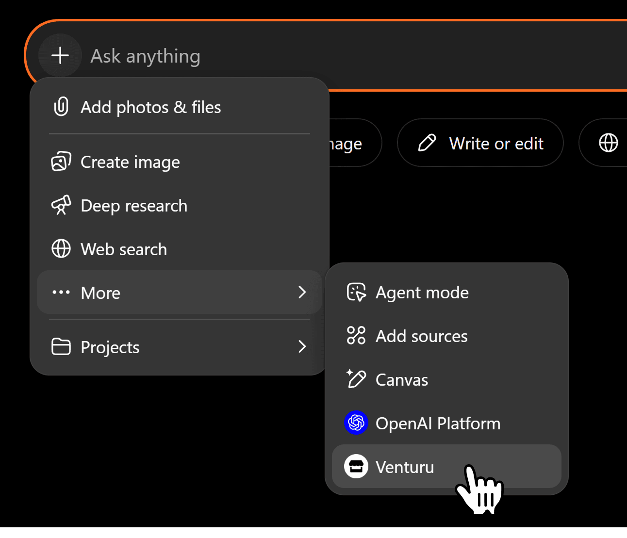 ChatGPT composer menu with More and Venturu highlighted