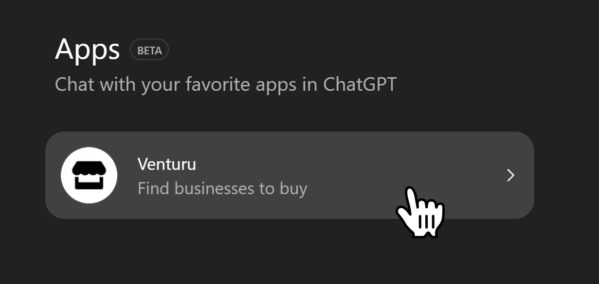 ChatGPT Apps directory with Venturu in search results and connect option